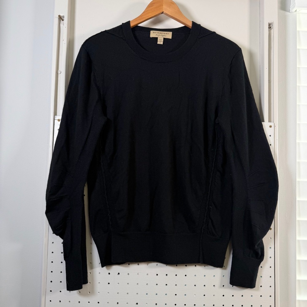 Burberry Crewneck Sweater Women's Black‎ Merino Wool Long Sleeve Classic - Large